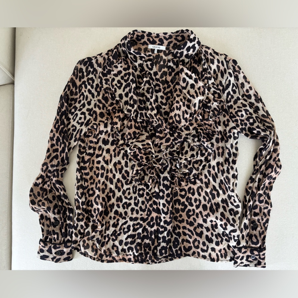 GANNI leopard 🐆 blouse button down shirt top long sleeves 34 XS - Picture 5 of 10